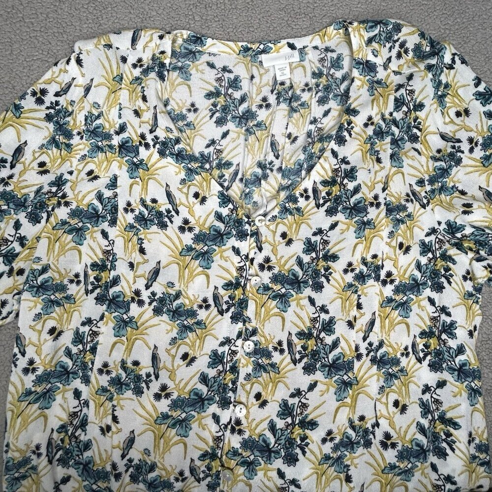 J Jill Top Extra Large Petite Blue Bird Print Green Floral Lightweight Office
